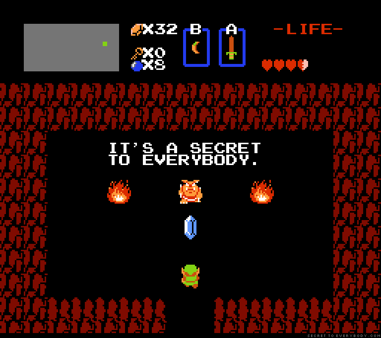 It's a secret to everybody — classic Zelda screen showing Link with fire pillars in a cave